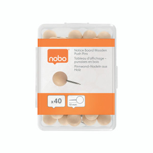 CW Office Nobo Noticeboard Wood Push Pin PK40, pack of 40 wooden push pins with metal points for attaching notes and documents on noticeboards.