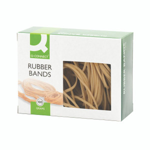Q-Connect Rubber Bands 100G Assorted, product packaging with clear window showing beige rubber bands inside