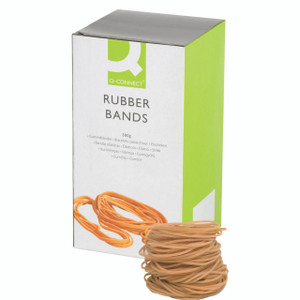 CW Office Q-Connect Rubber Bands 500G No 24, product packaging showing a box of rubber bands and a pile of orange elastic bands in front.
