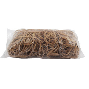 CW Office Size 40 Rubber Bands 454G, image of a transparent plastic bag filled with brown rubber bands