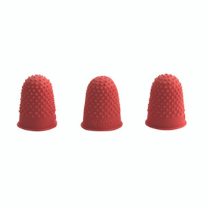 CW Office Q-Connect Thimblette NO.00 Red PK12, set of three red thimblettes with textured surface for finger protection in a stationery or office supplies context.