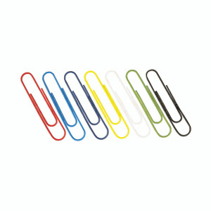 CW Office Paperclip Large Colour 10X100 PK1000, set of large colored paperclips in red, blue, navy, yellow, white, green, and black