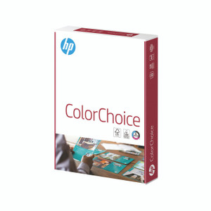 CW Office HP Colour Laser A4 90GSM White Ream 500, product packaging box showcasing HP ColorChoice branding and icons indicating paper features.