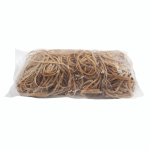 CW Office Size 38 Rubber Bands 454G, a transparent plastic bag filled with small, light brown rubber bands.