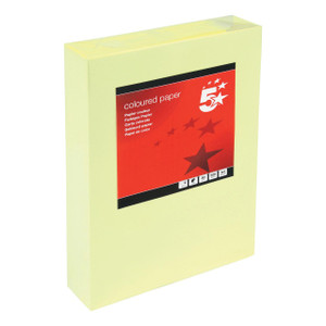CW Office A4 Coloured Copier Paper Lylw PK500, yellow colored A4 paper pack with red label featuring star graphics and product details.