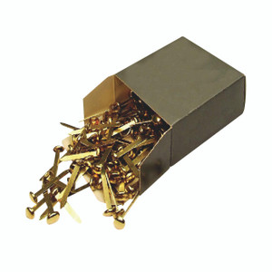CW Office Paper Fasteners Pointed 20MM P200, gold-colored paper fasteners spilling from a black box.