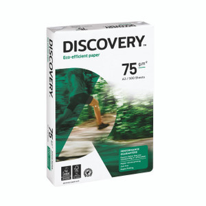 CW Office Discovery A3 WHT Paper Ream 75G P500, white paper ream with green and black packaging design, featuring an image of a person running, with product details such as 75 grams per square meter and 500 sheets.