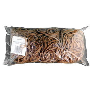 CW Office Rubber Bands 454GM Assorted Sizes, a clear plastic package containing a variety of rubber bands in different sizes.