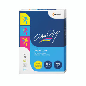 CW Office Colour Copy A4 160GSM White PK250, white ream of A4 color copy paper with colorful printed packaging featuring branding and product details.