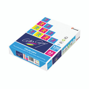 CW Office Color Copy A4 120GSM WHT PK250, box of color copy paper in white with colorful design and branding.