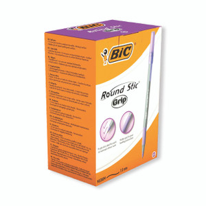 CW Office Bic Round Stic Grip Ball Purple PK40, packaging box showing purple ballpoint pens with ergonomic grip and medium 1.0mm tip for smooth writing.