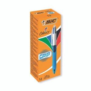 CW Office Bic Bic 4 Colour Comfort Grip PK12, pack of 12 multi-colored ballpoint pens with comfortable grips and four ink colors.