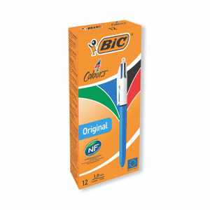 CW Office Bic 4 Colours Retract Ball Pen PK12, box of 12 multi-color retractable ballpoint pens with blue, green, red, and black ink, medium point, ideal for office and school use.