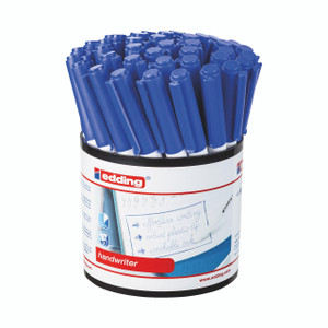 CW Office Edding Handwriter Pen Blue PK42, a pack of blue handle pens in a round container for writing