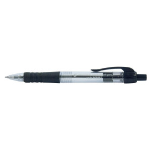 CW Office Retr Grip Ball Pen Medium BLK PK10, a black retractable ballpoint pen with a comfortable grip and a transparent body.