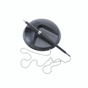CW Office Desk Ball Pen Chained To Base Black, modern black ballpoint pen secured to a round black base with a silver chain.