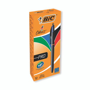 CW Office Bic 4 Colours Pro ASST 902129 PK12, box of 12 multi-color pens with black, blue, red, and green ink options.