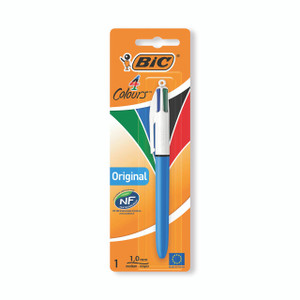 CW Office Bic 4 Colours Retract Ball Pen PK10, multi-color retractable ballpoint pen in blue, green, black, and red with white and blue body, packaged in a plastic blister pack for office and school use.