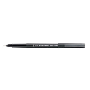 CW Office Fibre Tip Pen Medium Black PK12, a black fibre tip pen with a fine 0.4mm tip, suitable for precise writing and drawing.