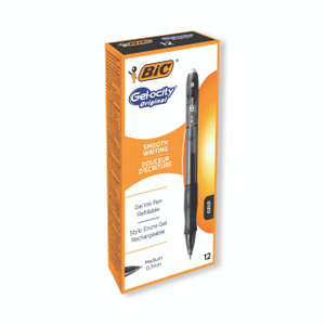 CW Office Bic Gelocity Rt Gel Pen BLK PK12, a box of 12 black gel pens with smooth writing ink and ergonomic grip.