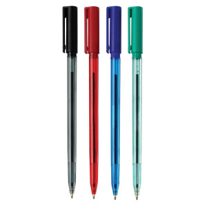 CW Office Ball Pen Medium 0.5MM Line Blue PK20, set of four colorful ballpoint pens in black, red, blue, and green with transparent barrels and matching caps.