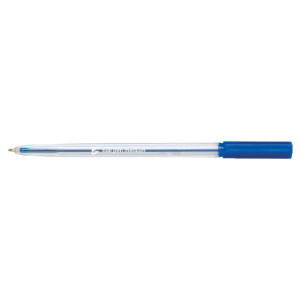 CW Office Ball Pen Medium 1MM Tip Blue PK20, a blue ink ballpoint pen with a transparent barrel and a blue cap, designed for smooth writing with a medium 1mm tip.
