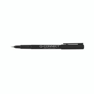 Product CW Office Q-Connect Fineliner Pen 0.4MM BLK PK10, black fine liner pen with a black body and a cap, designed for precise writing and drawing, packaged in a set of 10.