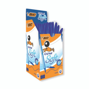 Product CW Office Bic Cristal Soft Blue Ballpoint Pens, pack of 50, with blue ink and medium point, in branded packaging.