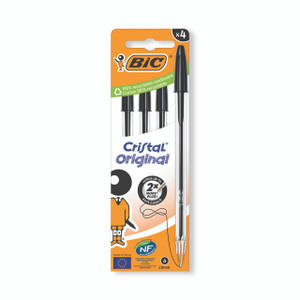 Product CW Office Bic Cristal Ball Pen Med BLK PK4, black ballpoint pens with a sleek design in a pack of four