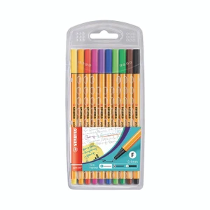 CW Office Stabilo Point 88 Flnr Pen AST PK10, set of ten colorful fineliner pens with 0.4mm nibs in a clear plastic carrying case.