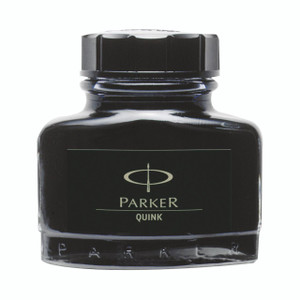 CW Office Parker Quink Ink Bottle Black 2OZ, a black ink bottle with a black cap and label.