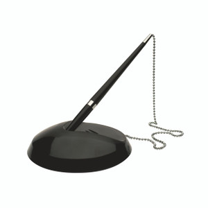 CW Office Q-Connect Reception BLK Pen Blue Ink, black pen with a chain and a stand for office or reception desk use.