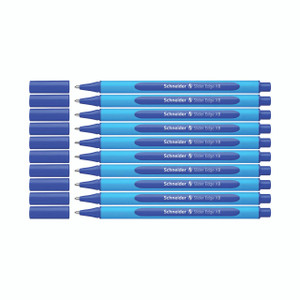 CW Office Slider Edge Xb Ballpoint Blue PK10, image showing a pack of ten blue ballpoint pens with caps removed, revealing the pen tips.