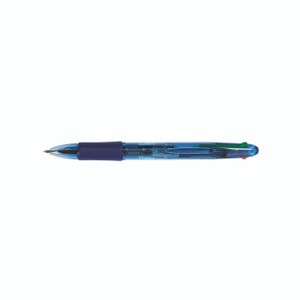 CW Office Q-Connect 4 Colour Ball Point Pen PK10, a transparent multi-color ballpoint pen with a blue grip and visible ink cartridges.