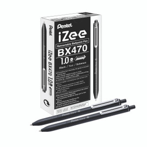 Pentel iZee R Blpt Pen 1.0 BLK PK12, black retractable ballpoint pens with a sleek design and clip, suitable for office and school use.