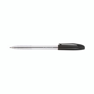 CW Office Q-Connect Stick Ballpoint Med Bk P20, clear and black pen with a retractable tip and clip for writing and note-taking.