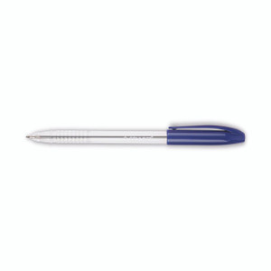 CW Office Q-Connect Stick Ballpoint Pen PK20, transparent barrel with a blue cap and grip, featuring a silver tip and black ink.