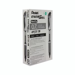 CW Office Pentel Metal Tip Rollerball Black, product packaging box showing a black rollerball pen with a metal tip and refill details.