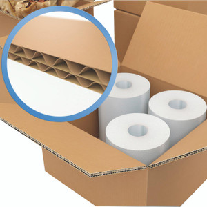 CW Office Double Wall Packing Carton Size 2 PK15, cardboard shipping box with multiple rolls of white packaging paper inside.