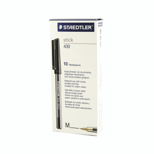 CW Office Staedtle Stick Ball Pen BLK PK10, black ballpoint pen with metal tip for smooth writing, shown with packaging box.