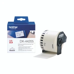 Product CW Office Brother Cont PPR Lab Rl 62MM BLK/WHT, black and white continuous length removable paper tape roll with packaging and dispenser.