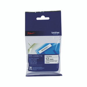 Product CW Office Brother P-Touch Tpe 12MM BLK/WHT Tpe, packaging of black on white thermal tape for label printers.