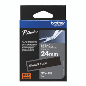 CW Office Brother Stencil TPE 24MMX3M Black, stencil tape packaging with a black and blue design and an image of scissors cutting stencil tape.