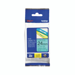 CW Office Brother Tze Tpe 24MMX8M BLK/GRN Tpe, packaged green and black laminated tape for Brother printers.