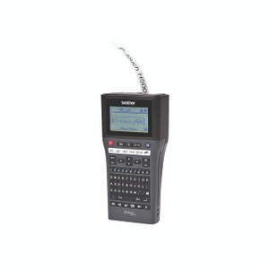 Brother Prof Hheld Label Machine, black handheld label printer with a built-in keyboard and LCD screen showing the label content.