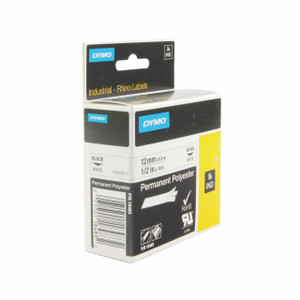 CW Office Dymo Rhino Nylon Tape 12MM WHT, product image showing a box of white nylon tape for labelers with black and yellow labeling.