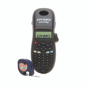 Product CW Office Dymo Letratag LT-100H Labelmaker BLK, black handheld label maker with digital screen and keyboard for creating labels.