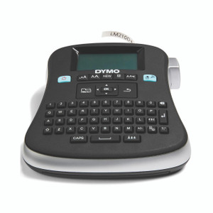CW Office Dymo Labelmanager 210D Tmal Printer, handheld label maker with a small screen, black keyboard, and a label tape extending from the side.