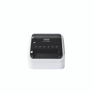 CW Office Brother QL-1110NWBC Label Printer, front view of a compact, black and white label printer with control buttons and a printing area.