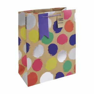 CW Office Eurowrap Spots Kraft Large BAG PK6, kraft paper gift bag with colorful polka dot design and paper handle.